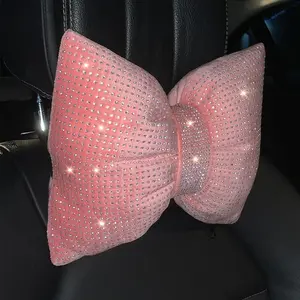 Rhinestone Decor Car Headrest Pillow, Creative Bowknot Design Car Neck Pillow, Car Interior Accessories Decoration for Women & Girls Gift