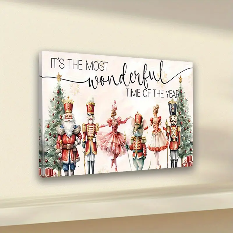 Christmas Nutcracker Canvas Wall Art - Decorative Frame with "The Most Wonderful Time of the Year" Quote, Vibrant Ink Print, Classic Art Decor Style, Suitable for Living Room, Bedroom, Home Office - Indoor Holiday Home Decor, Exquisite Illustration