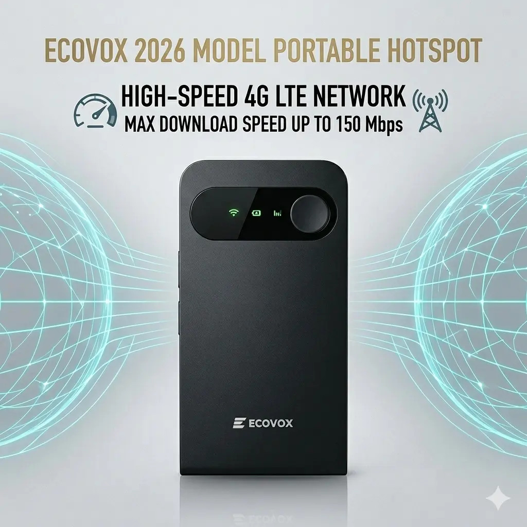 ECOVOX Global eSIM Hotspot Auto-Switch AT&T/T-Mobile/Verizon 150Mbps 4G LTE FCC Certified Pocket-Sized for Airport RV Tinder Date Rescue Free 1GB Data 86g Portable Router Smart Touch TV Tri-Band WiFi wireless internet local mobile hotspot coverage use