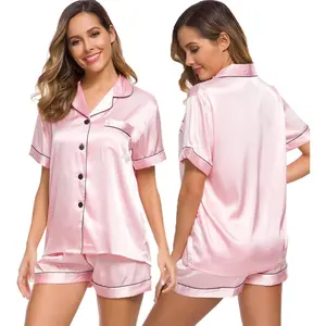 Womens Silk Satin Pajamas Set Short Sleeve Sleepwear Button Down Top and Shorts Loungewear 2 Piece Pjs Set XS-3XL