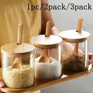 Glass Spice Containers Set with Wooden Base, Includes Spoon, Ideal for Storing Spices Salt Sugar, Kitchen Storage Organizer