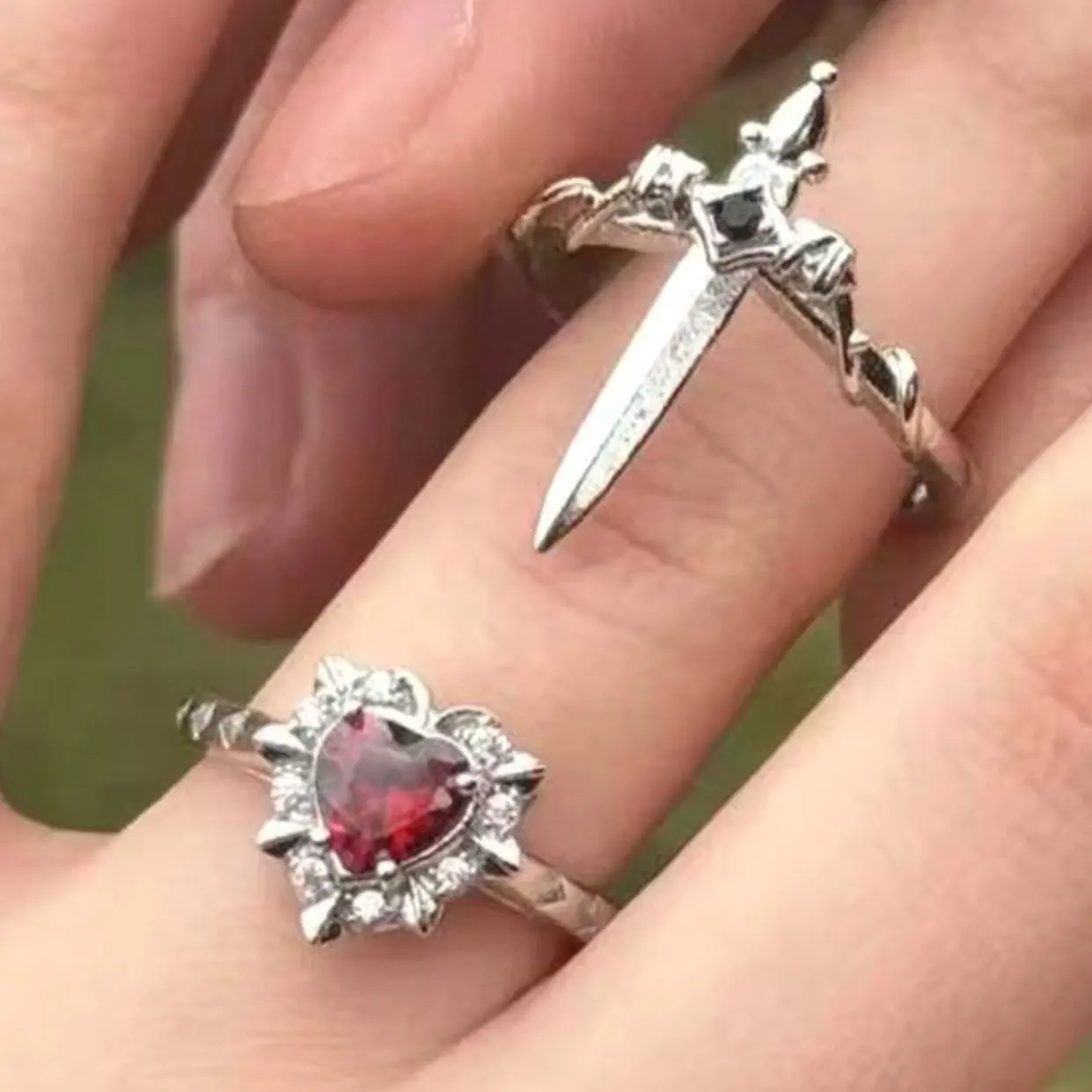 Heart and Sword Assembly Couple Rings, Adjustable Open Silver Gold Band for Romantic Anniversary Gift