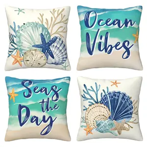 Coastal Beach Pillow Set Ocean Sea Star Shell Coral Blue Green Decoration Suitable for Outdoor Sofa Home Decoration, 4-piece Set with Double sided Printing