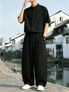Men's New Chinese Style Outfit Set, Zen Minimalist Stand Collar Short Sleeve Shirt + Wide Leg Pants, Lightweight Breathable Casual Two Piece Menswear, Summer Vacation Streetwear, Comfortable Loose Fit #springsaledeals2026 #summeroutfits
