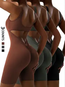 Qfen Sport Seamless Women's Yoga Bodysuit, Summer Gym Wear with Built-In Bra, Back Cutout Design, Breathable Elastic Fabric