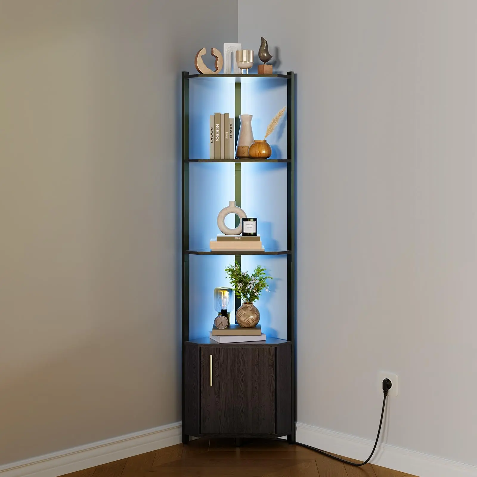 YJ-Garvee 5 Tier Corner Shelf Stand with LED Light, 57''Tall Metal Frame Corner Shelf with Wood Shelves, Standing Shelf Organizer for Living Room, Bedroom, Kitchen, Bathroom |  for Home Office, Entryway，Black