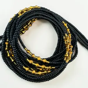 Black Czech Glass Waist Beads| Gold Accents| Designer Beaded Belly Chain| Adjustable (45 inches)