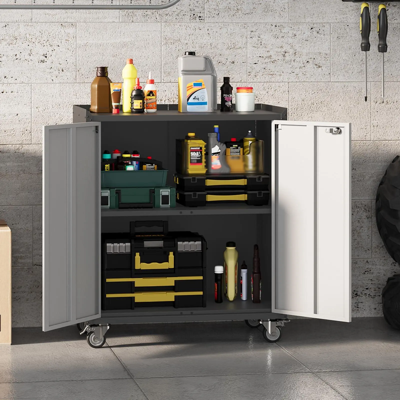 GARVEE 46" Rolling Garage Storage Cabinet with Locking Doors - Heavy-Duty Metal Shelving Unit, Mobile Tool Organizer for Home Office Workshop Organization