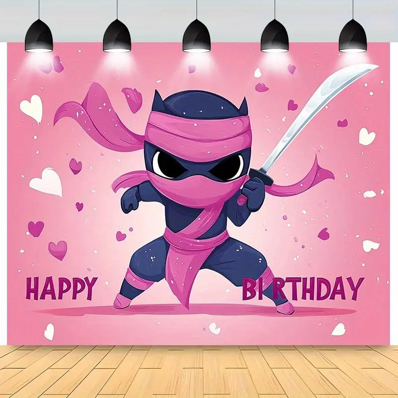 Pink Ninja & Hearts Design Party Banner - Durable Polyester Indoor/Outdoor Decoration for Birthdays, Anniversaries, Weddings - No Power Required, Birthday Party Decorations, Celebration Decor, Playful Theme, Reusable Decor, Decorative Sign Ornaments White