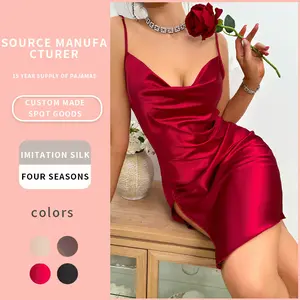 Source Manufacturer Women's Red Imitation Silk Nightgown Loungewear - Sleeveless Summer Thin Sexy Fashion Homewear Basic Four Seasons