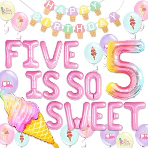 5 Year Old Girl Birthday Decorations Ice Cream Themed Party Supplies Five Is So Sweet Banner Macaron Globo for Sweet 5th Birthday Celebrations