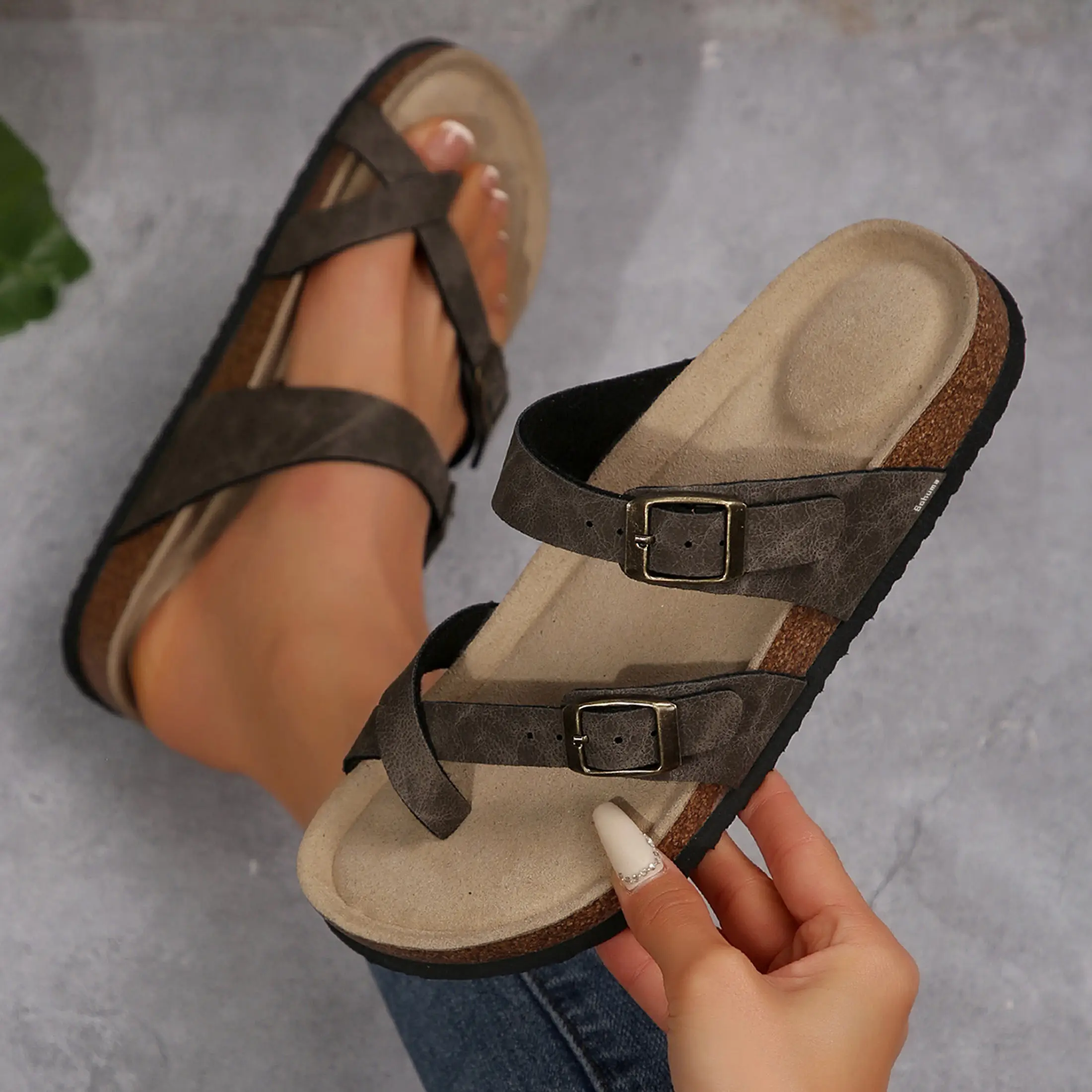 Womens Adjustable Buckle Strappy Slip-On Slippers Cork Footbed Slides For Sandals Outdoor