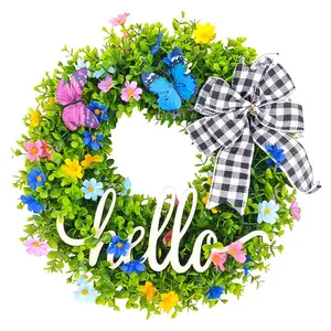 New Spring Eucalyptus Wreath with Hello Wooden Sign, Front Door & Yard Hanging Decor