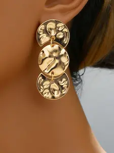 Vintage Simple Geometric Golden Color Three-Layer Irregular Textured Round Disc Earrings, Casual Everyday Style for All Seasons, Perfect Holiday Gift