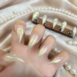 Handmade Fake Nails Pearl Powder Cat Eye Long Claw Nail Art, Glossy Short Dragon Claw Animal Nail Shape, Single Item