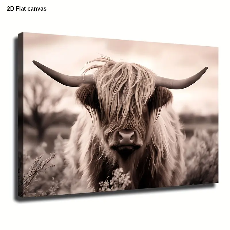 1pc Scottish Highland Cow Framed or Unframed Canvas Wall Art Print - Rustic Farmhouse Animal Portrait, Wood Frame/Wrapped Canvas for Cottagecore Decoration, 2D Flat Room Decor, Ideal Housewarming Gift