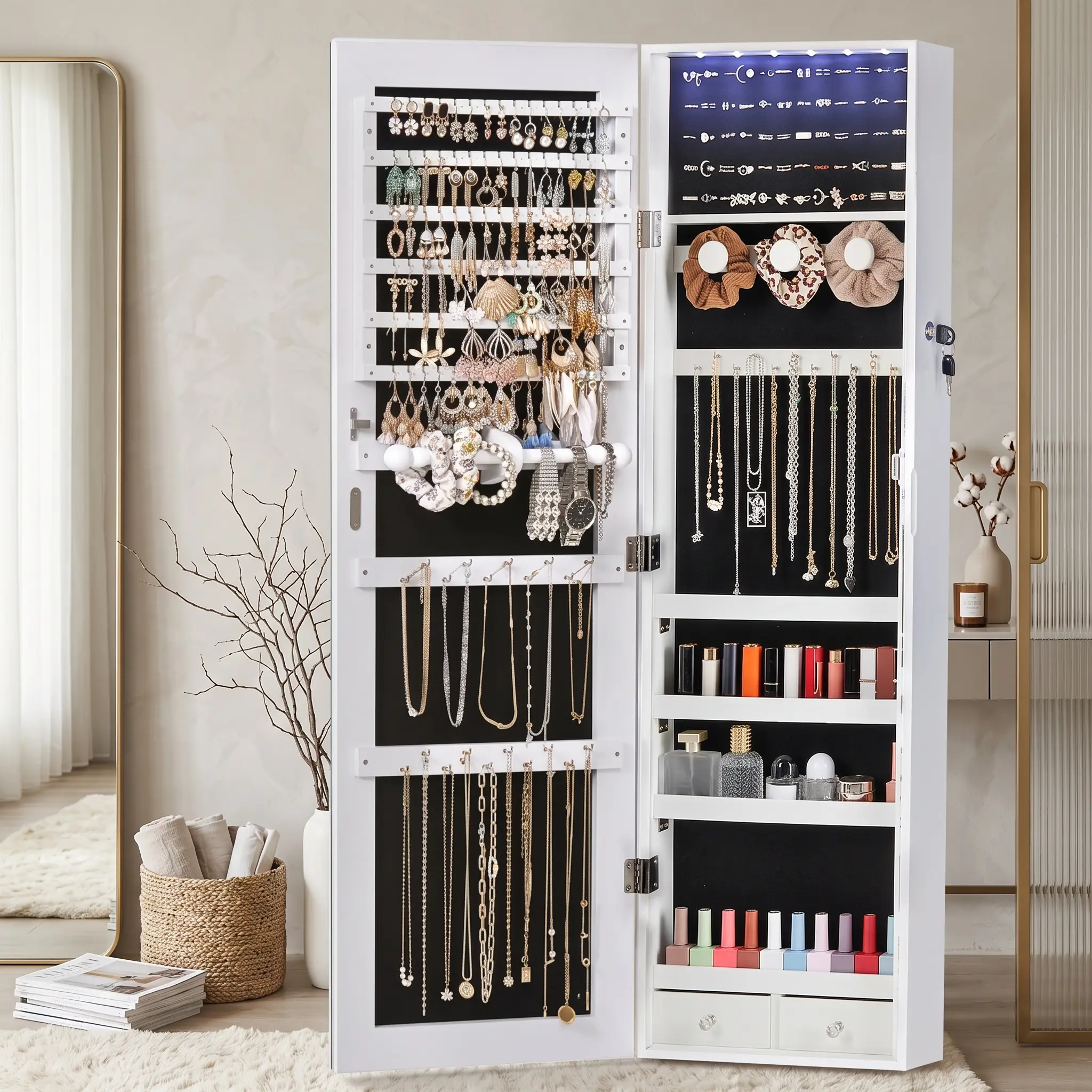 White Lockable Jewelry Armoire with Full Length Mirror and LED Lights, Wall Mounted Makeup Organizer with 2 Drawers for Bedroom Vanity Setup, Space Saving Cosmetics Storage Cabinet for Daily Beauty Routine and Outfit Checks