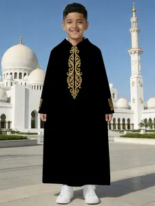 Hooded Thobe Gold Embroidered Robe, Muslim Boy Traditional Prayer Clothing, Boys' Long Sleeve Dressing Gown, Prayer Wear
