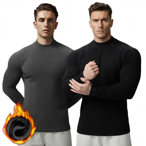 Nadsir Men's Basic Plain Thermal Mock Neck Long-Sleeve T-Shirt - High Elasticity, Body Slimming, Warmth, Flex-Fit Menswear Layering Base Top for Cold Winter Sports & Fitness
