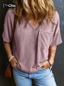 Women's Plain Textured Pocket V Neck Tee, Casual Drop Shoulder Half Sleeve T-Shirt for Summer, Ladies Clothes for Daily Wear, Casual Fashionable Top, Cute Tops