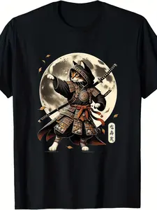 Samurai Cat Ninja Aesthetic Japanese Katana Tokyo Culture T-Shirt.Unisex Design for Summer 2025, Featuring Short Sleeves And Made from 220G Pure