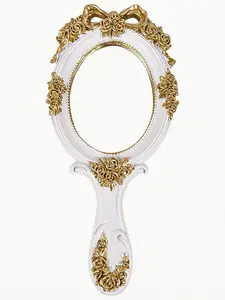 Handheld Makeup Mirror Travel Princess Metal Cosmetic Mirror Portable Oval Embossed Rose Mirror Decorative Desktop Girl Student Vintage Beauty Handle Mirror