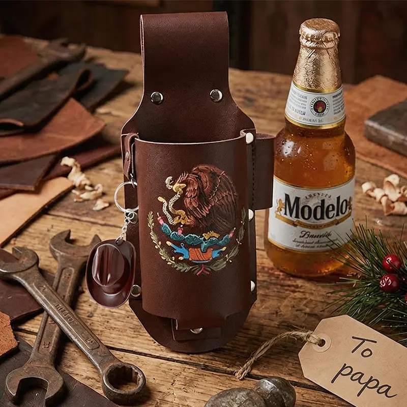 Leather Belt Bottle Holster - Classic Mexican Eagles, Aztec, Saint Jude, Guadalupe & 1776 Patriotic Printed, Hands-Free Easy Slip-On, Portable Cowboy Drinkware Accessory for Men, Hispanic Heritage Month Gift for BBQ, Mens Gifts Cowboy Stuff