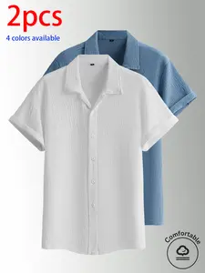 2-pack men’s summer short-sleeve shirts: men’s short-sleeve shirt, men’s shirt. Textured checkered short-sleeve shirt with button design; loose fit, turn-down collar, solid color, lightweight and breathable. Available in multiple colors—solid and versatil