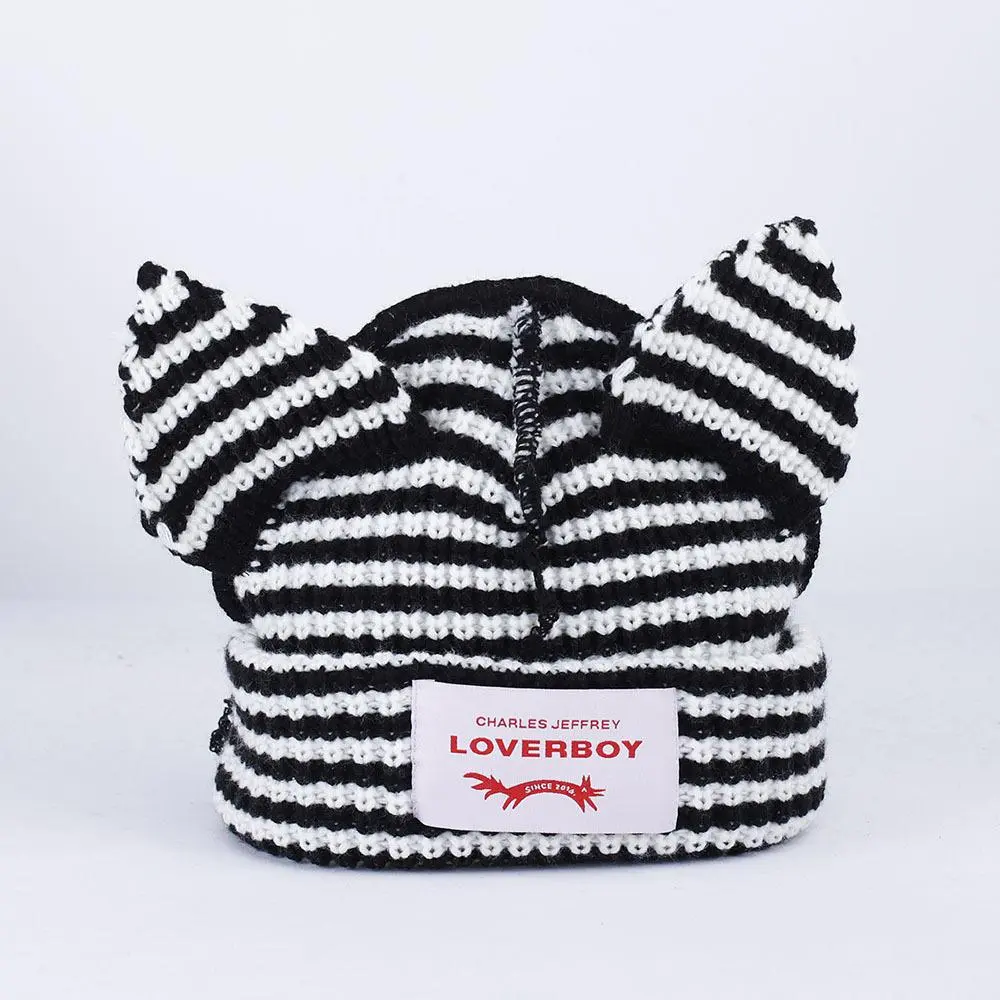 Cute Striped Cat Ears Knitted Beanie Hat, LOVERBOY Casual Y2K Soft