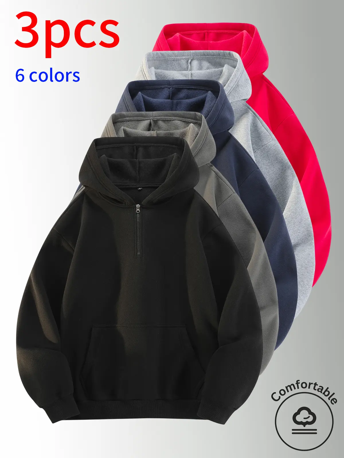 3‑Pack Men Quarter Zip Hooded Fleece Sweatshirt, Baggy Loose‑Fit Half‑Zip Basic Streetwear Pullover Hoodie, With Functional Kangaroo Pocket, Comfortable Male Clothing, Trendy Winter Sweatshirt Suitable For Fall Winter Daily Casual And Street‑Style Outfits