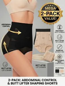 Women's 2-Pack High Waisted Shapewear Panties - Abdominal Control Underwear, Seamless Butt Lifter Shaper Briefs with Breathable Mesh Panel (Black & Beige)