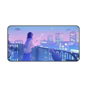 Purple Anime Kawaii Desk Mat Mousepad Cute Cat XXL Large Gaming Japanese Girly Aesthetic, Tokyo Street , Girl Gamer Desktop Mat Computer Laptop Keyboard
