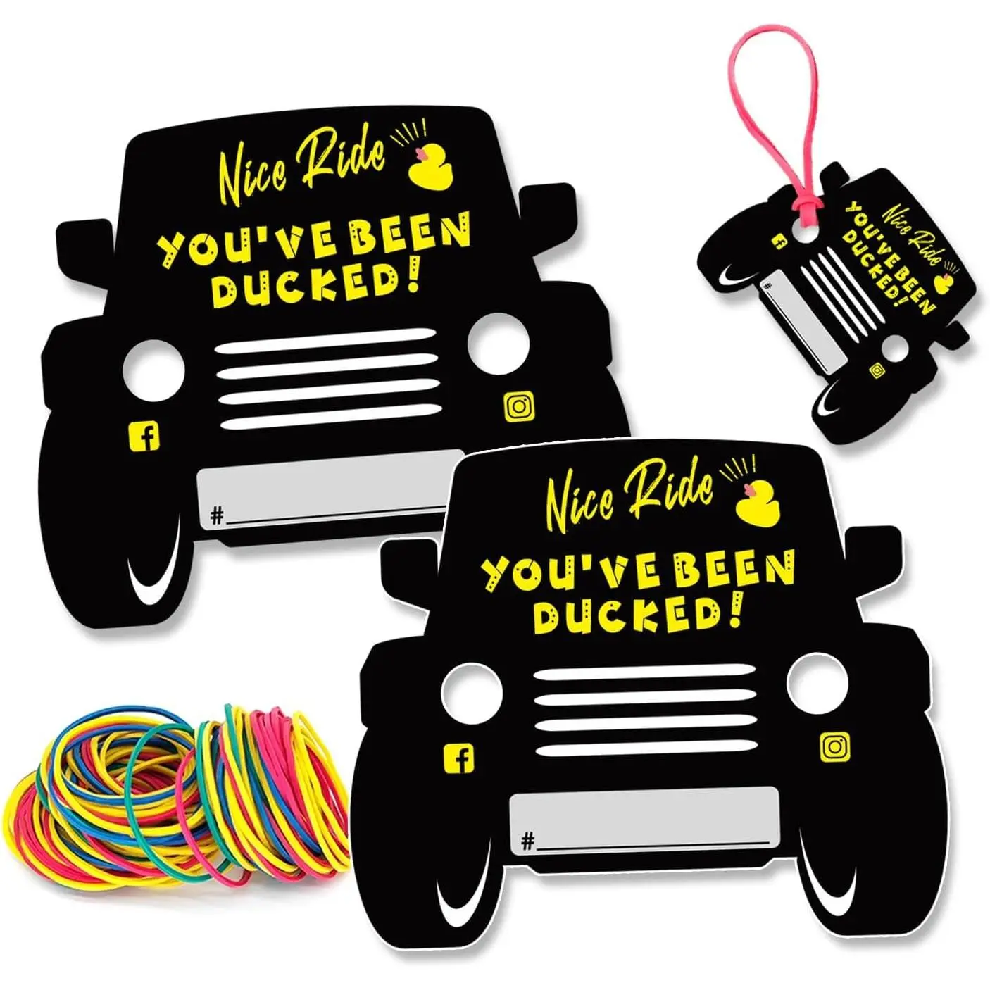Duck Tags, You've Been Ducked, Duck Ducking  Cards, 35Pack with Round Hole and Rubber Bands, Design and SUV (BK)