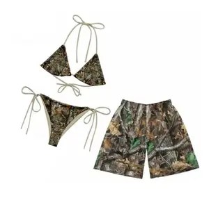 Matching Bottomland Camo Swimwear Set for Couples – Bikini & Men’s Beach Shorts, His and Hers Camouflage Swimsuits for Summer Vacation, Beach & Surfing Outfits