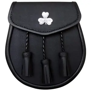 Brand New Black Leather Sporran with 3 Tassels & Shamrock Badge on Front