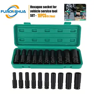 Heavy Duty M35 Steel Extended Hex Sleeve Set 10-24mm Auto Repair Tools Electric Wrench Accessories 10PCS Rustproof Metal Sockets Kit