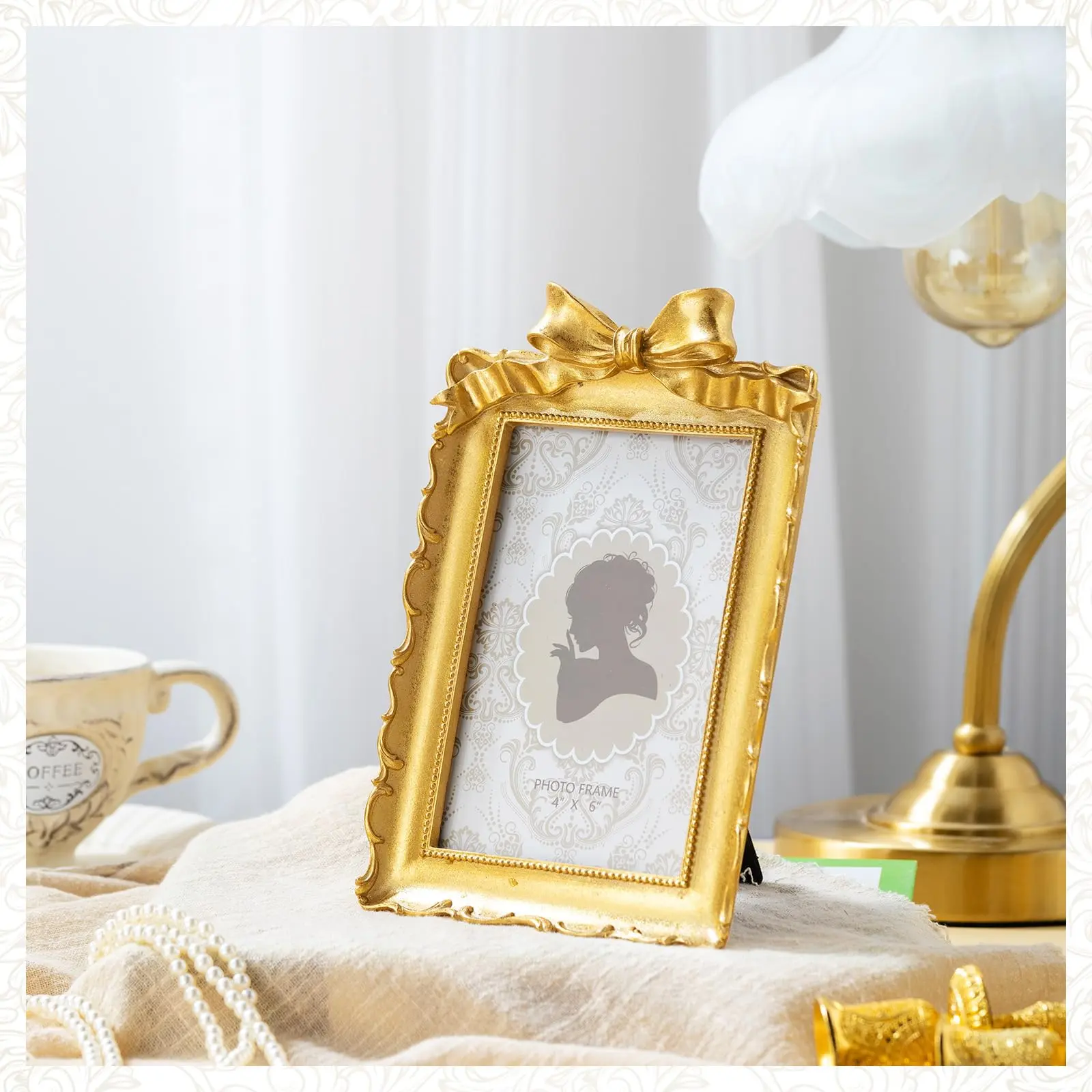 1 Pcs Vintage Gold Speciality Photo Frame - 4x6 in Antique Bow Baroque Ornate Resin Frame with Glass Front, Decorative Compact Tabletop/Wall Hanging for Home Wedding Decor Gallery Display, Antique Bow Speciality Photo Frames, Frames Gold Speciality Photo