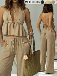 Women's 2-Piece Beach Vacation Set, Deep V-Neck Strappy Top, Backless Babydoll Shirt, Loose Wide-Leg Pants, Elegant Slim Fit