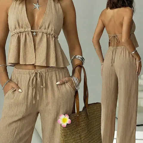 Women's 2-Piece Beach Vacation Set Outfit, Fashion Pants Set, Deep V-Neck Strappy Top, Backless Babydoll Shirt, Loose Wide-Leg Pants, Elegant Slim Fit, Casual Clothes