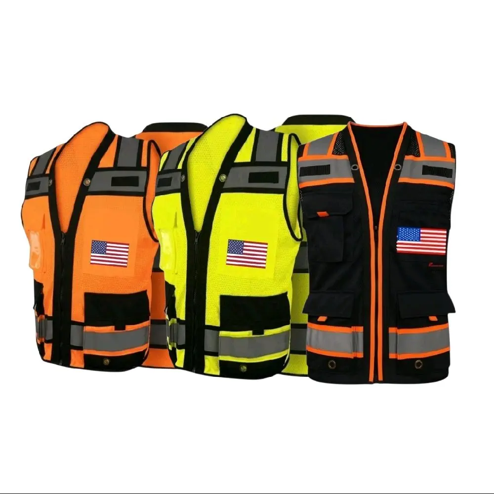 American Size Reflective Safety Vest with Rear Pocket with a Choice of Flag