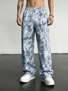 Men's Marble Tie-Dye Wide Leg Pants, Elastic Waist Drawstring Design, Summer Beach & Casual Streetwear, Loose Fit, Trendy for Z-Gen & Millennials