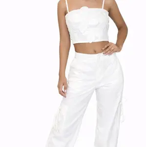 White Floral Embroidered Crop Top & High-Waisted Cargo Pants Set for Women