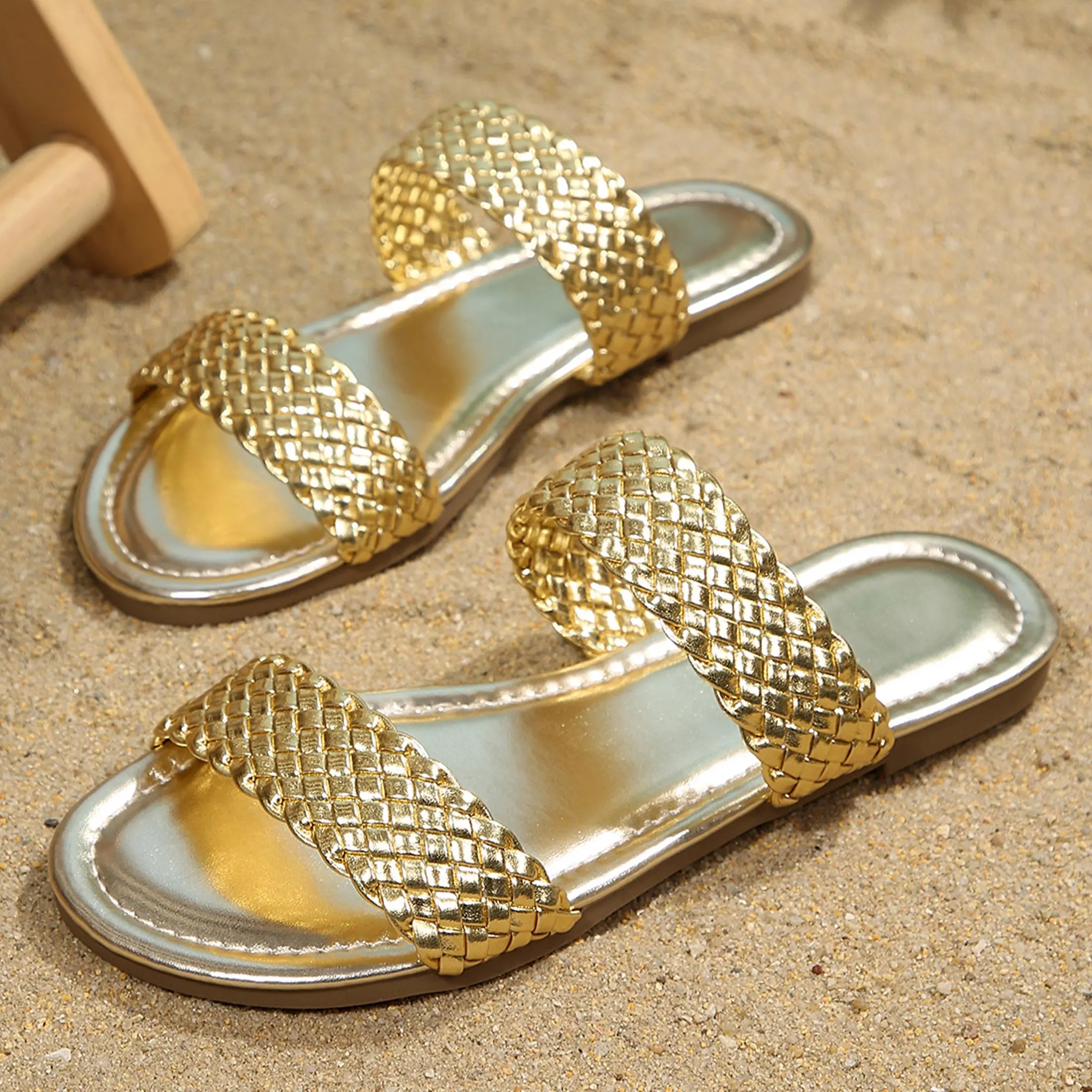 Women's Braided Strap Slide Sandals, Open-Toe Flat Slides, Comfortable Casual Summer Shoes for Everyday & Beach