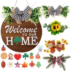 Interchangeable Welcome Sign  Front Door with 4 Seasonal Wreaths and 14 Changeable Icons, Farmhouse Front Door Signs, Door Decoration Porch Decor, Seasonal Wooden Home Sign home décor (6wood)