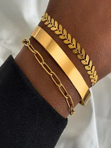 Stainless Steel Bracelet for Women, 3Pcs Gold Plated Layered Bracelet Set, Fishbone Leaf Bangle & Paperclip Chain Bracelet, Waterproof Non Tarnish Fashion Jewelry Gift