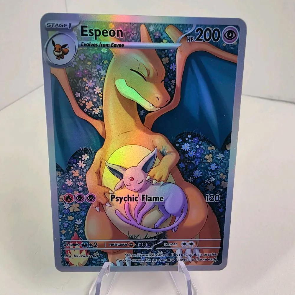 Sleepy Espeon & Charizard - Non Holo OR Rainbow Holo - Custom Display Fan-Art Card