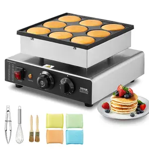 VEVOR Dutch Pancake Maker, 9PCS 76mm Diameter Dorayaki Baker Machine, 850W Commercial Electric Poffertjes Grill, Non-stick Stainless Steel, Temp Time Control, for Home Kitchen Restaurant Snack Bar