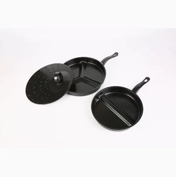 Cast iron dual-function skillet set, divided grill pan, three-section split frying pan and perforated steamer lid. Multi-purpose cookware for grilling, frying, steaming and home breakfast cooking.