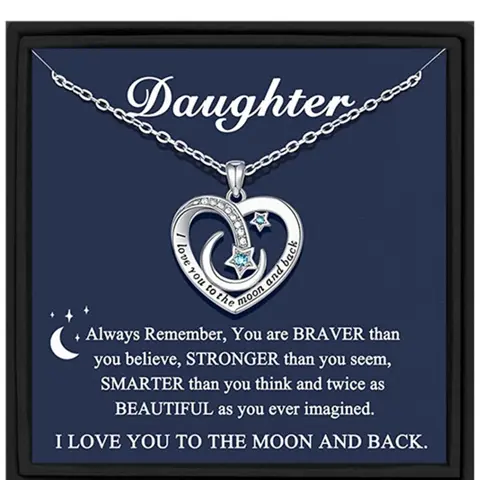 To My Daughter Heart Moon Pendant Necklace for Daughter, Daughter Birthday Gift, Christmas Present, Boho Style, Includes Box and Card