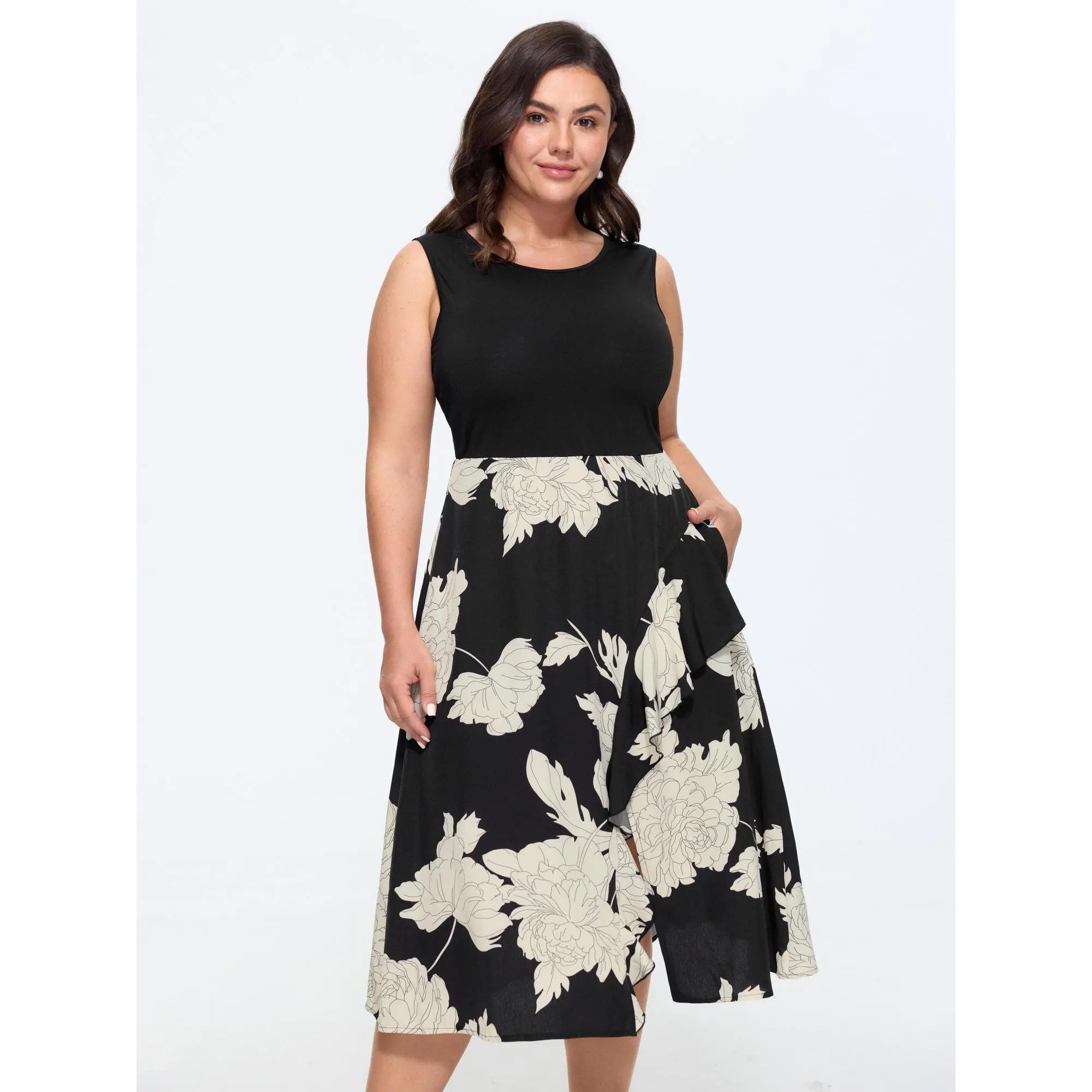BloomChic Women's Plus Size Polyester Elastane Casual Midi Dress - Floral Print, Color Contrast, Sleeveless, Smooth Fabric, Side Pocket [M-6X] 2026 Summer Romantic Finds, Cold Wash Fit, Pull-On, Women's Clothes Plus Size
